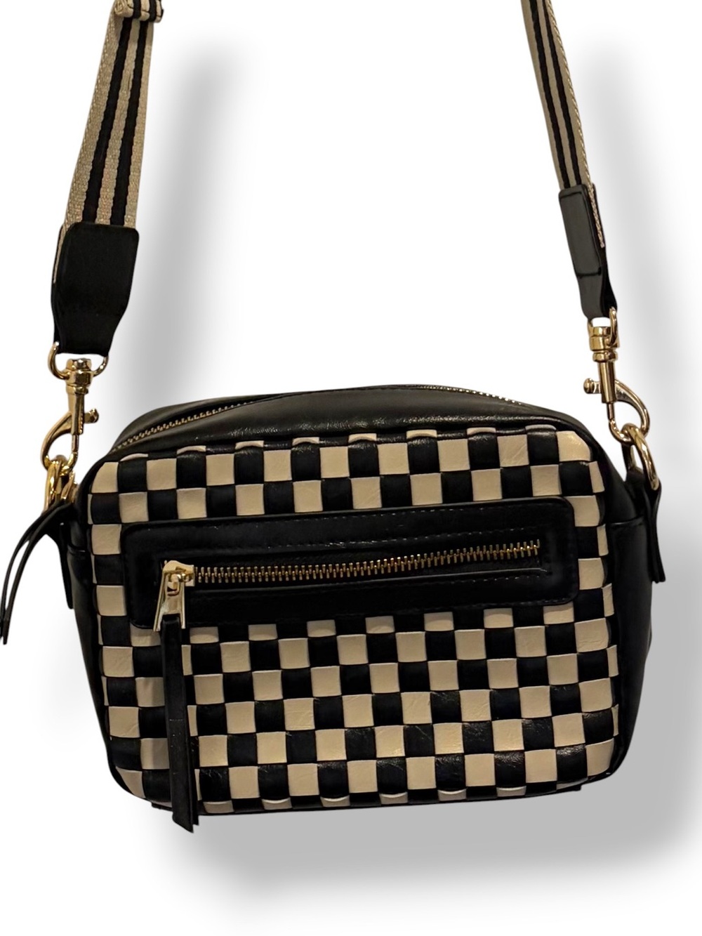 Black White Checkerboard Woven Crossbody Camera Bag Adjustable Strap Y2K Skater